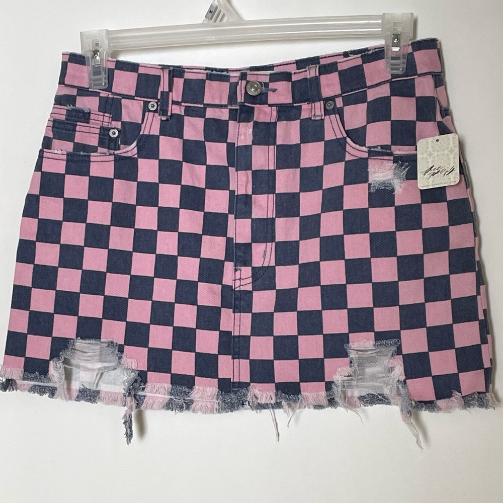 Free People Distress Checker Denim Mini Skirt